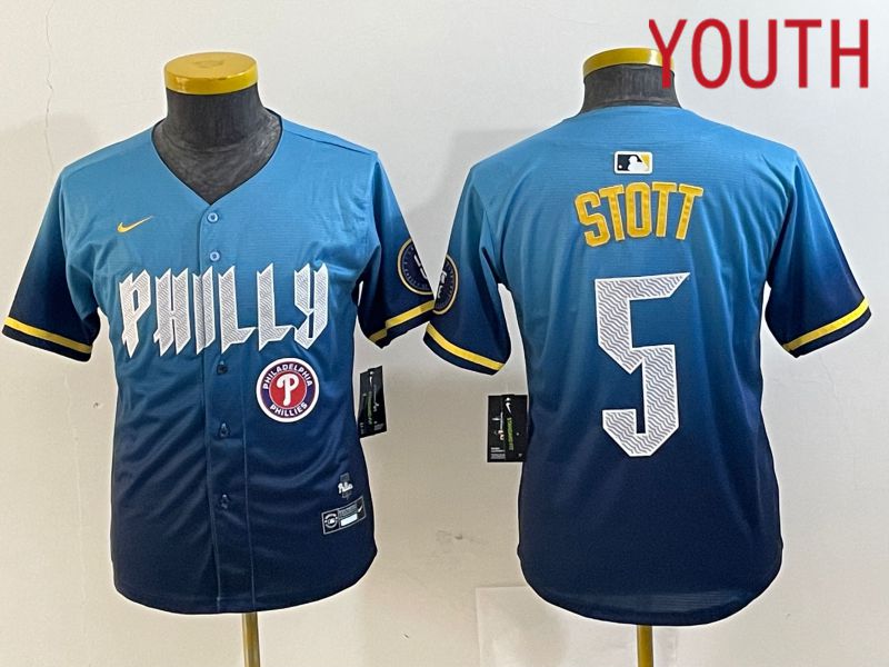 Youth Philadelphia Phillies #5 Stott Blue City Edition Nike 2024 MLB Jersey style 5
